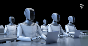 a group of robots sat around a desk using laptops representing Agentic AI