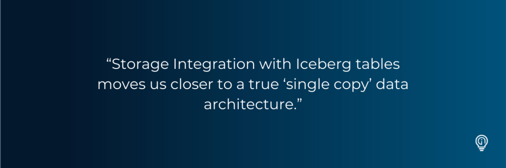 “Storage Integration with Iceberg tables moves us closer to a true ‘single copy’ data architecture.” Integrating Snowflake into Microsoft Fabric