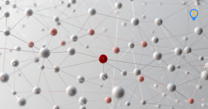 A web of interconnected nodes representing packages and dependencies. The nodes are color-coded in neutral tones, a few in red to show compromised or risky packages. Lines connecting nodes show the deep dependency chains typical of npm. npm supply chain security