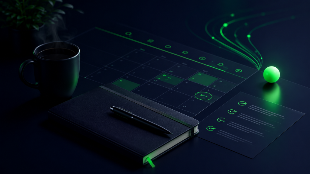 A dark, futuristic workspace showing a coffee cup, notebook, calendar and checklist highlighted with vivid green accents.