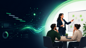 Illustration of AI in project management, showing digital dashboards and data flows alongside a project leader guiding team collaboration.