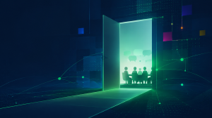 Abstract dark blue and green digital illustration showing an open doorway into a collaborative discussion space, representing informed participation in AI ethics conversations.