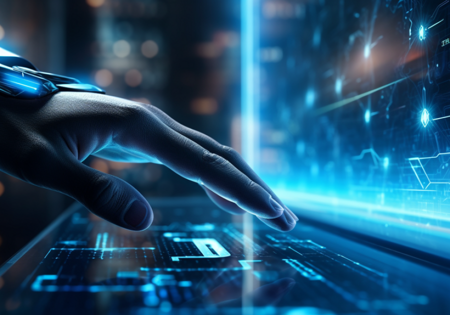 A_hand_pointing_to_a_futuristic_technology