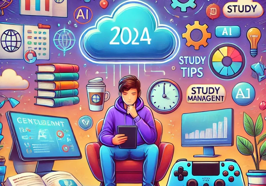 DALL·E 2024-10-16 12.56.34 - A vibrant illustration of a student preparing for a Microsoft Certification exam in 2024, surrounded by unconventional study tips. The background incl