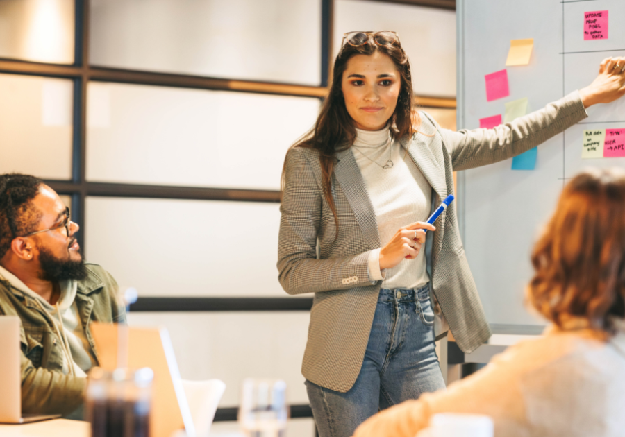 A room of people working together, using a white board and post-it notes