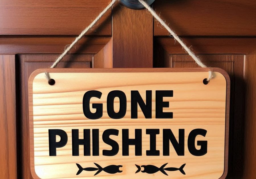 Wooden sign on a door with "Gone Phishing"