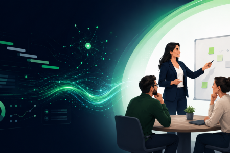 Illustration of AI in project management, showing digital dashboards and data flows alongside a project leader guiding team collaboration.