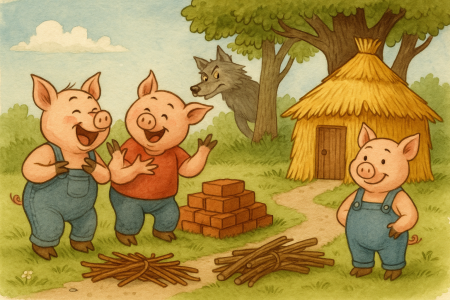 An illustration of the Three Little Pigs reimagined. On the left, two pigs stand beside unfinished piles of bricks and sticks, laughing at the third pig. On the right, the third pig smiles proudly in front of a completed straw house. In the background, the Big Bad Wolf peeks out from behind a tree.