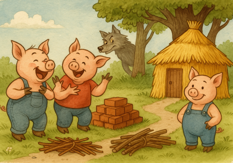 An illustration of the Three Little Pigs reimagined. On the left, two pigs stand beside unfinished piles of bricks and sticks, laughing at the third pig. On the right, the third pig smiles proudly in front of a completed straw house. In the background, the Big Bad Wolf peeks out from behind a tree.