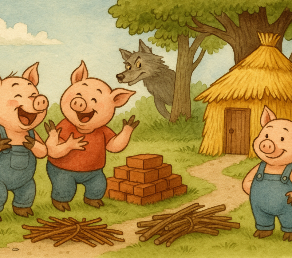An illustration of the Three Little Pigs reimagined. On the left, two pigs stand beside unfinished piles of bricks and sticks, laughing at the third pig. On the right, the third pig smiles proudly in front of a completed straw house. In the background, the Big Bad Wolf peeks out from behind a tree.